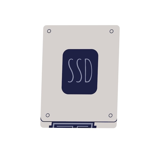 Tarjeta SSD para almacenamiento de datos. Vista superior de la unidad de estado sólido aislada en blanco. Parte del hardware de la computadora. Ilustración de vector plano coloreado del componente interno de la PC.