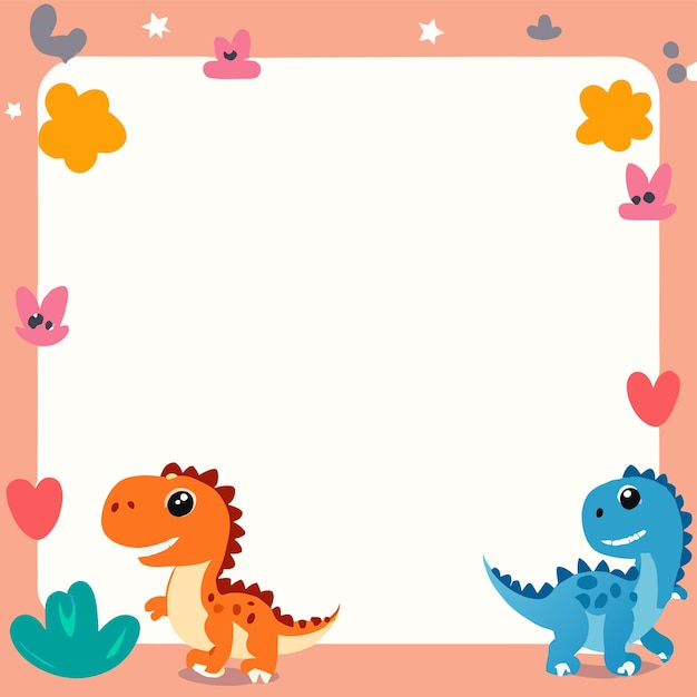 Tarjeta de trabajo preescolar de dinosaurio marco dibujado a mano plano elegante pegatina de dibujos animados concepto de icono