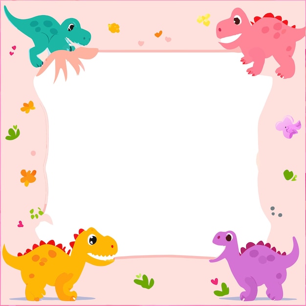 Vector tarjeta de trabajo preescolar de dinosaurio marco dibujado a mano plano elegante pegatina de dibujos animados concepto de icono
