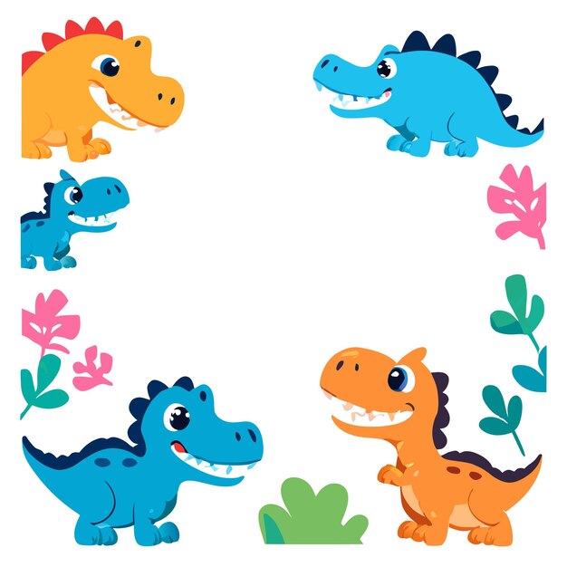 Tarjeta de trabajo preescolar de dinosaurio marco dibujado a mano plano elegante pegatina de dibujos animados concepto de icono