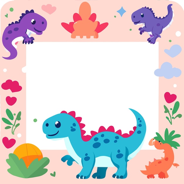 Vector tarjeta de trabajo preescolar de dinosaurio marco dibujado a mano plano elegante pegatina de dibujos animados concepto de icono