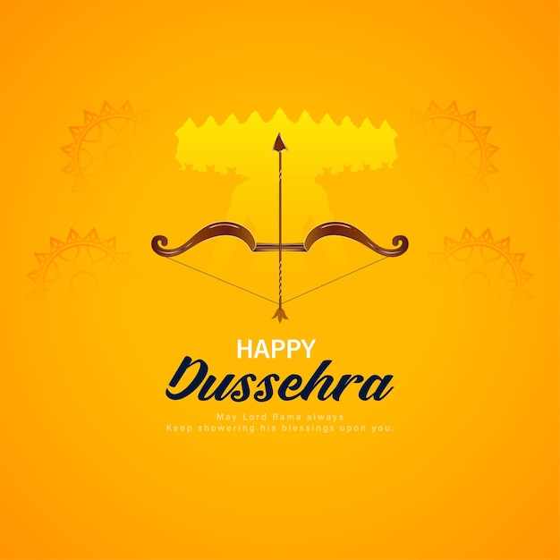 Tarjeta tradicional de feliz festival de dussehra con flecha de arco o diseño de fondo amarillo ravan