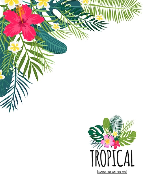 Una tarjeta tropical con hojas de palmera y flores exóticas. El diseño de la jungla de verano es ideal para folletos, postales, etiquetas y diseños únicos. Vector