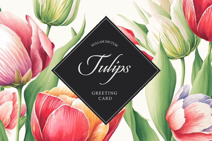 Vector una tarjeta con tulipanes y un cuadrado negro con las palabras tarjeta de felicitación de tulipanes.