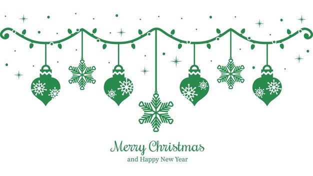 Tarjeta de vacaciones con adornos de Navidad verdes y blancos y copos de nieve Saludo festivo Merry Chris