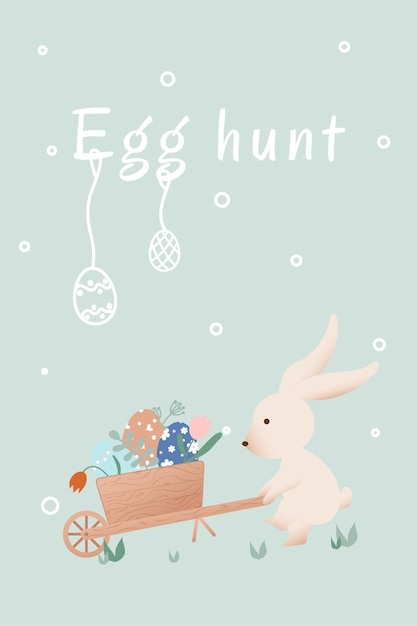 Vector tarjeta de vacaciones conejo de pascua llevando huevos de pascua en una carretilla ilustración en estilo retro
