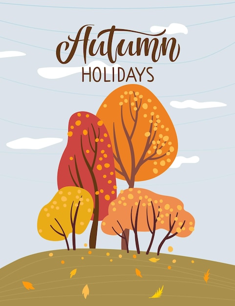 Tarjeta de vacaciones de otoño. Paisaje Ilustración vectorial con bosque de otoño. Hermosa naturaleza, paisaje