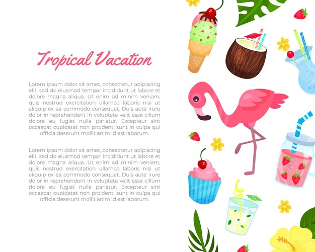 Tarjeta de vacaciones de verano con elementos vectoriales de playas tropicales