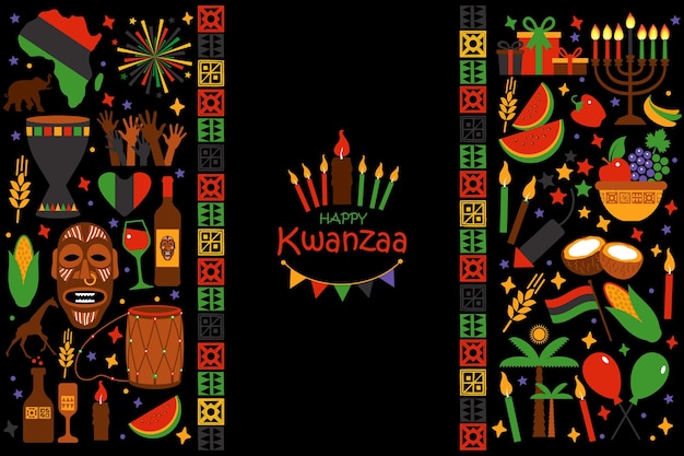 Tarjeta de vector con colección de Happy Kwanzaa. Símbolos de vacaciones sobre fondo negro. Ilustración vectorial.