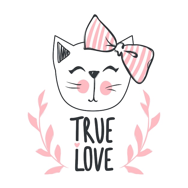 Tarjeta de vector con lindo gato de moda con arco e inscripción amor verdadero. gatito con estilo. doodle kitty. impresión de animales para niños. personaje divertido. linda ilustración, diseño de moda.