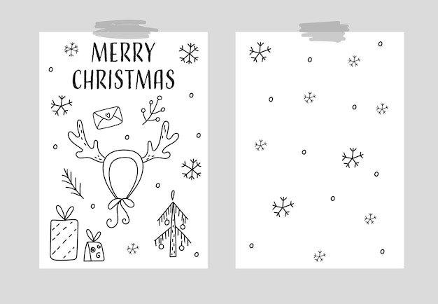 Tarjeta vectorial dibujada a mano con cajas de regalos de cuerno árbol de Navidad Feliz tarjeta de Navidad