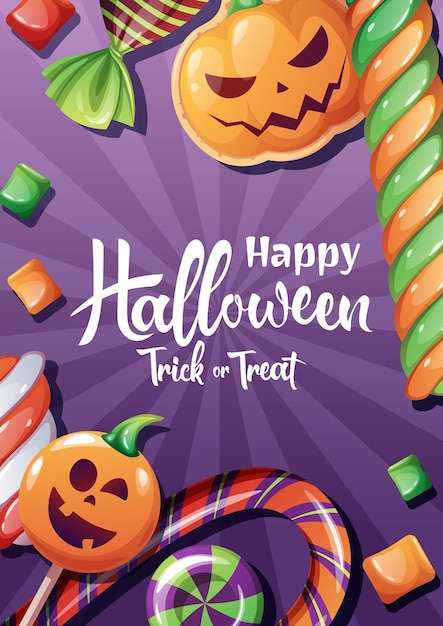 Tarjeta vectorial con dulces de halloween o afiche para las vacaciones con coligrafía manuscrita invitación a la fiesta truco o trato