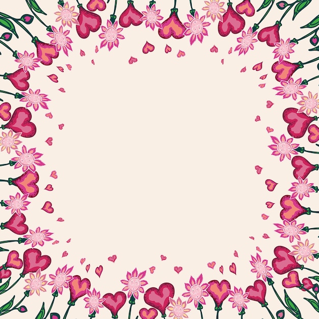 Tarjeta vectorial de felicitación decorativa con borde de margaritas abstractas dibujadas de rosa y flores de corazón