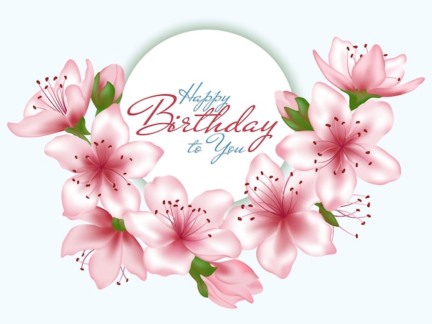 Tarjeta vectorial de feliz cumpleaños flor de cerezo japonés marco de flores de sakura rosa tarjeta de felicitación suave