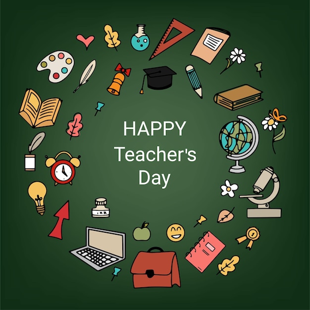 Tarjeta vectorial Happy Teacher39s Day con inscripciones Diseño para sello de logotipo de diseño de tarjeta de felicitación o pancarta para Teacher39s Day Útiles escolares dibujados a mano y hojas