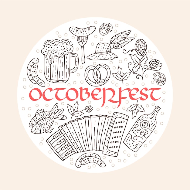 Tarjeta vectorial redonda de Oktoberfest con elementos de doodle