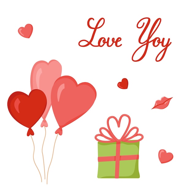 Tarjeta vectorial de San Valentín Imagen a color de globos y una caja con un regalo Declaración de amor