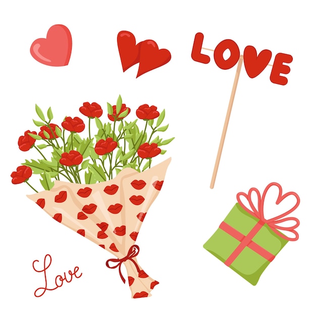 Tarjeta vectorial de San Valentín Imagen en color de un ramo de flores con caja de regalos y corazones Declaración de amor
