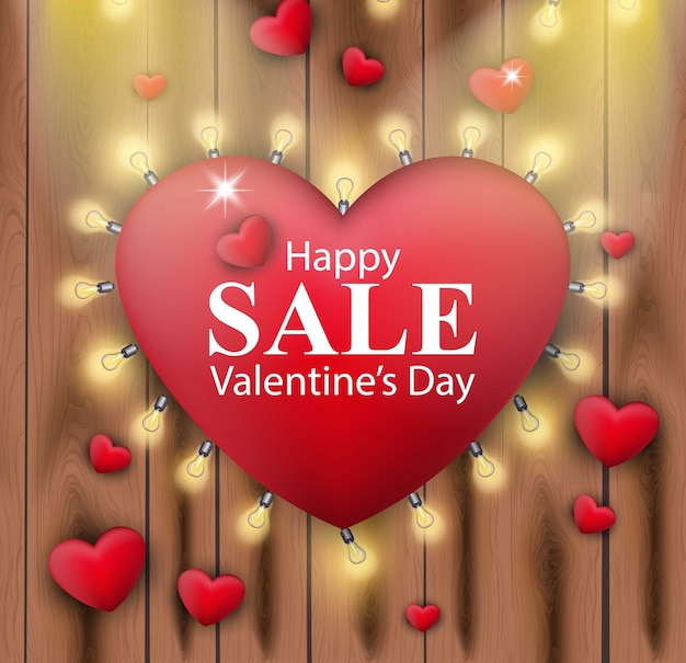 Tarjeta de venta del día de san valentín. corazón rojo y luces vector realista