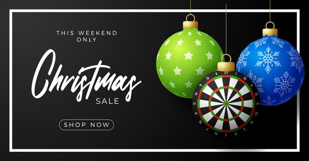 Tarjeta de venta de Navidad de dardo. Feliz Navidad tarjeta de felicitación deportiva. Cuelgue de un tablero de dardos de hilo como una bola de Navidad y adorno sobre un fondo horizontal. Ilustración de vector de deporte.