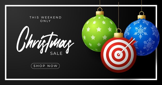 Tarjeta de venta de Navidad Target Dash. Feliz Navidad tarjeta de felicitación deportiva. Cuelgue de un hilo Target Dash como una bola de Navidad y adorno sobre un fondo horizontal. Ilustración de vector de deporte.