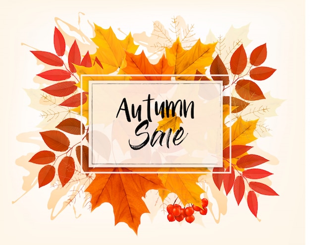 Vector tarjeta de ventas otoño con hojas de colores. .