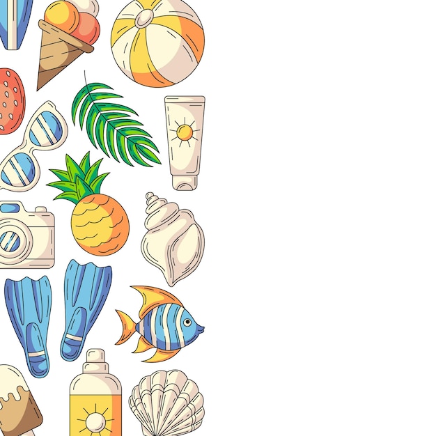 Tarjeta de verano cuadrada coloridos iconos de accesorios de playa Frame de borde lateral izquierdo espacio de copia aislado