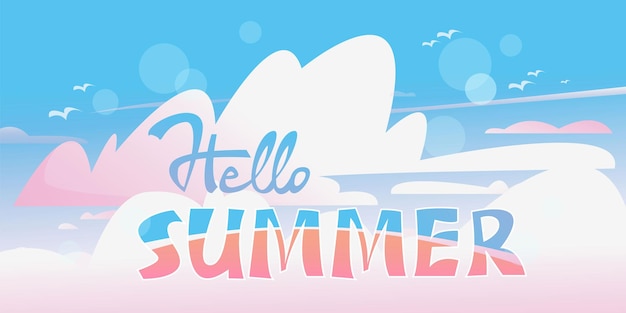 Tarjeta de verano con fondo de mar y texto diseñado hello summer sky y nubes vector