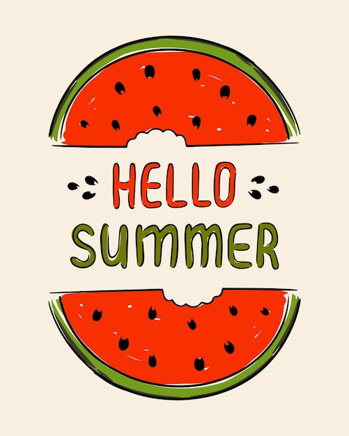 Tarjeta de verano con una sandía dibujada a mano con las palabras hola verano para el diseño