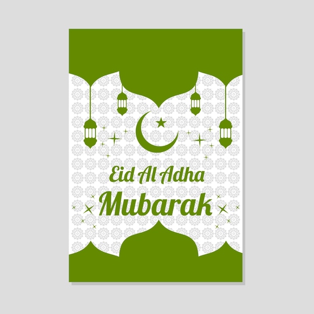 Tarjeta verde de Eid al Adha Mubarak con una luna creciente una estrella y linternas