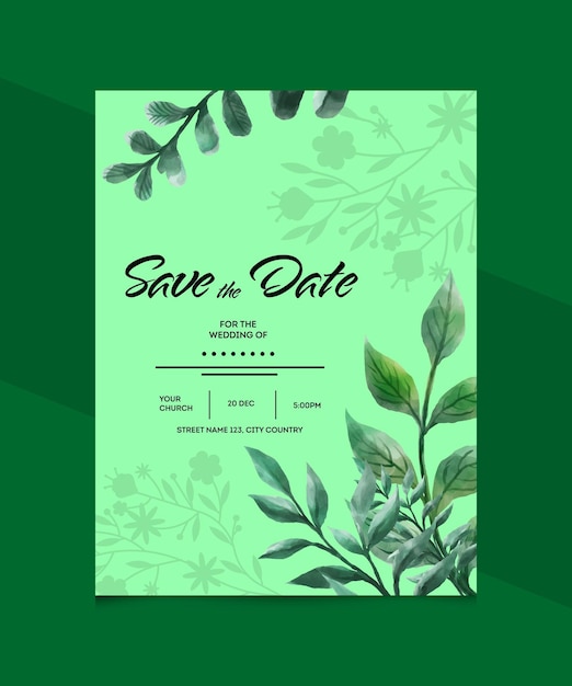 Tarjeta verde para guardar la fecha con hojas verdes