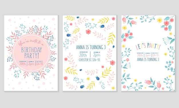 Tarjeta vertical de invitación a una fiesta de cumpleaños con un conjunto vectorial de elementos florales