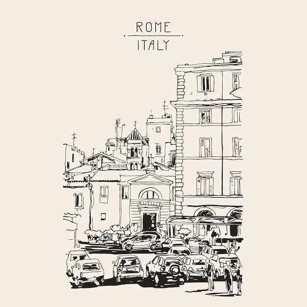 Tarjeta de viaje original con boceto a tinta a mano alzada de Roma, Italia, antiguo edificio imperial italiano