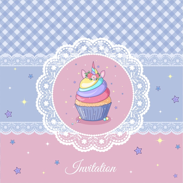 Vector tarjeta vintage con cupcake de unicornio