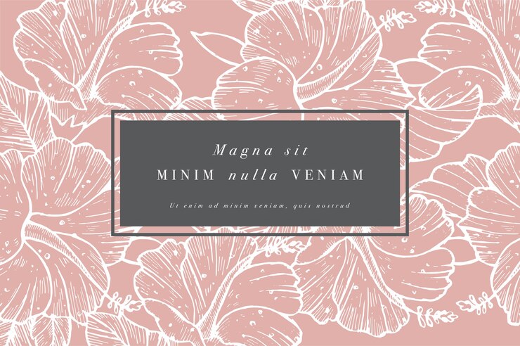 Tarjeta vintage con flores de hibisco. Guirnalda floral Marco de flores para flores con diseños de etiquetas. Tarjeta de felicitación floral rosa de verano. Fondo de flores para el envasado de cosméticos.