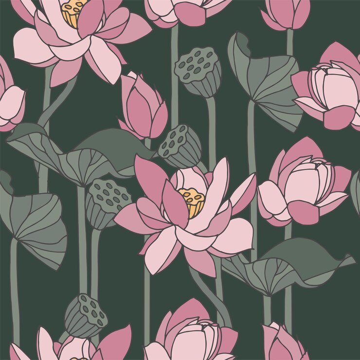 Tarjeta vintage con flores de loto Guirnalda floral Marco de flores para floristería con diseños de etiquetas Patrón floral sin fisuras de lirio de agua
