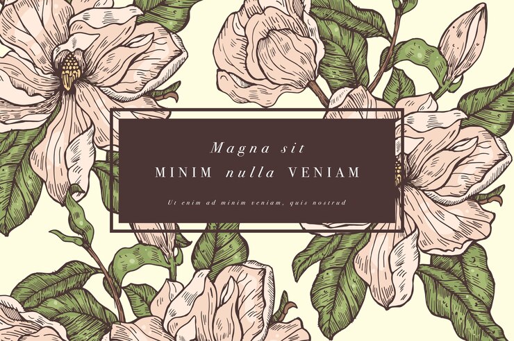 Tarjeta vintage con flores de magnolia. Marco de flores para diseño de etiquetas.