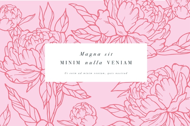 Tarjeta vintage con flores de peonía. Guirnalda floral Marco de flores para flores con diseños de etiquetas. Tarjeta de felicitación floral rosa de verano. Fondo de flores para el envasado de cosméticos.