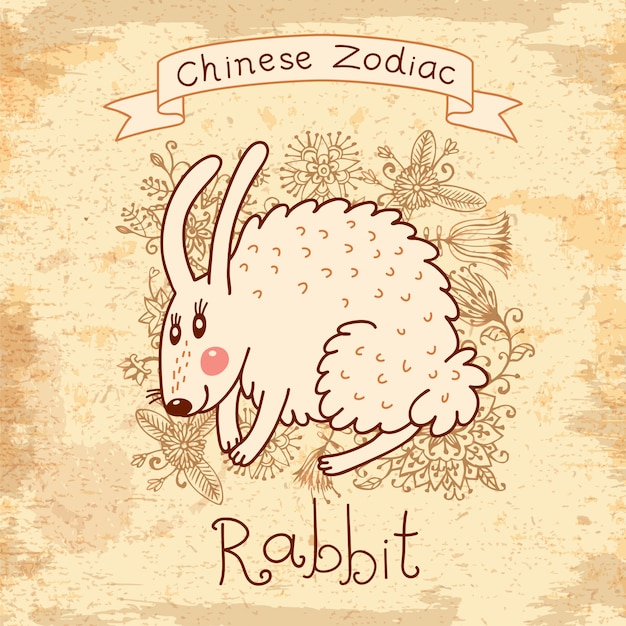 Tarjeta vintage con zodiaco chino-conejo