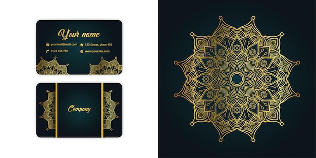 Tarjeta de visita arabesca de mandala de oro de lujo y fondo arabesco en elegante color verde
