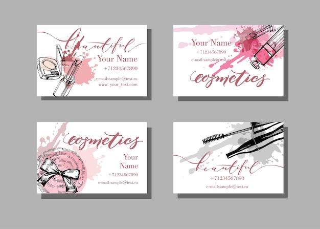 Tarjeta de visita del artista de maquillaje. Plantilla de vector con patrón de elementos de maquillaje: pincel, lápiz, sombra de ojos, lápiz labial y rímel. Fondo de moda y belleza. Vector de plantilla.