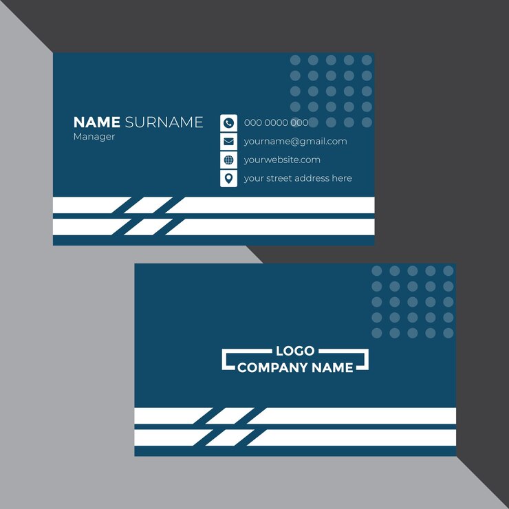 Tarjeta de visita azul con el logotipo de una empresa llamada empresa
