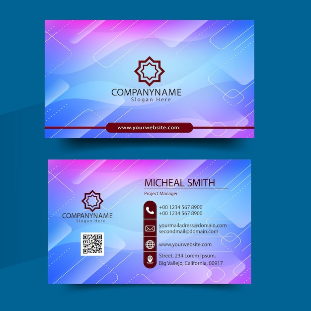 una tarjeta de visita azul y rosa