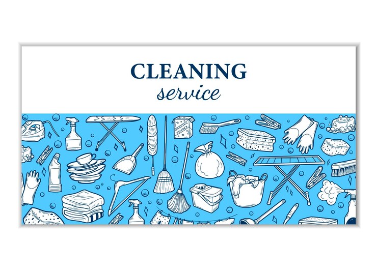 Tarjeta de visita de diseño dibujado a mano para servicio de limpieza Banner de herramientas limpias Estilo de garabato dibujado a mano