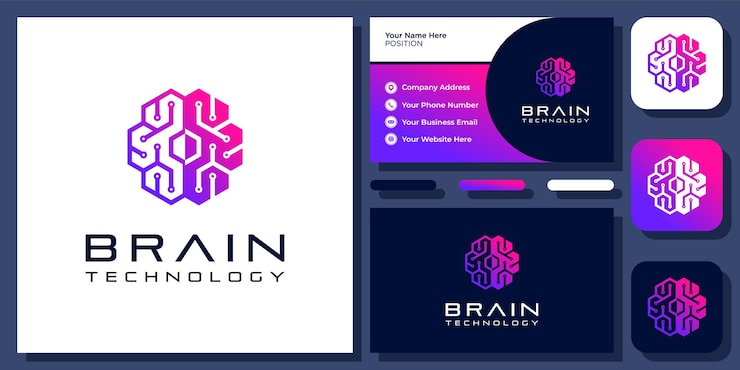 Vector tarjeta de visita de diseño de logotipo vectorial de innovación humana de ciencia digital de tecnología de placa de circuito cerebral