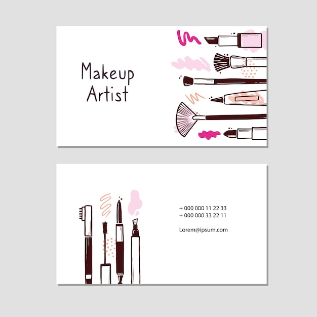 Vector tarjeta de visita con elementos cosméticos de belleza de maquillaje.