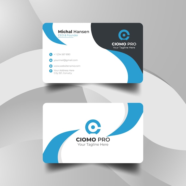 Tarjeta de visita de la empresa en color azul.