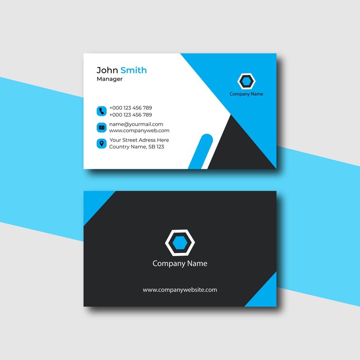 Tarjeta de visita de la empresa en color negro y azul.