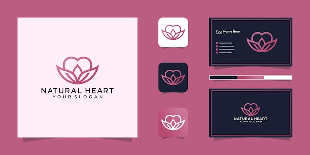 Tarjeta de visita y estilo de arte de línea de logotipo de corazón natural