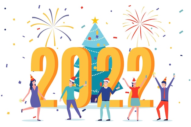 Tarjeta de visita de feliz año nuevo 2022. gente feliz con sombrero de santa brindando champán con confeti. ilustración de vector de estilo plano